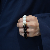Natural Obsidian and White Mother-of-Pearl Yin-Yang Bagua Bracelet, Sterling Silver Nine-Character Mantra Pendant, Energy Talisman for Peace & Protection