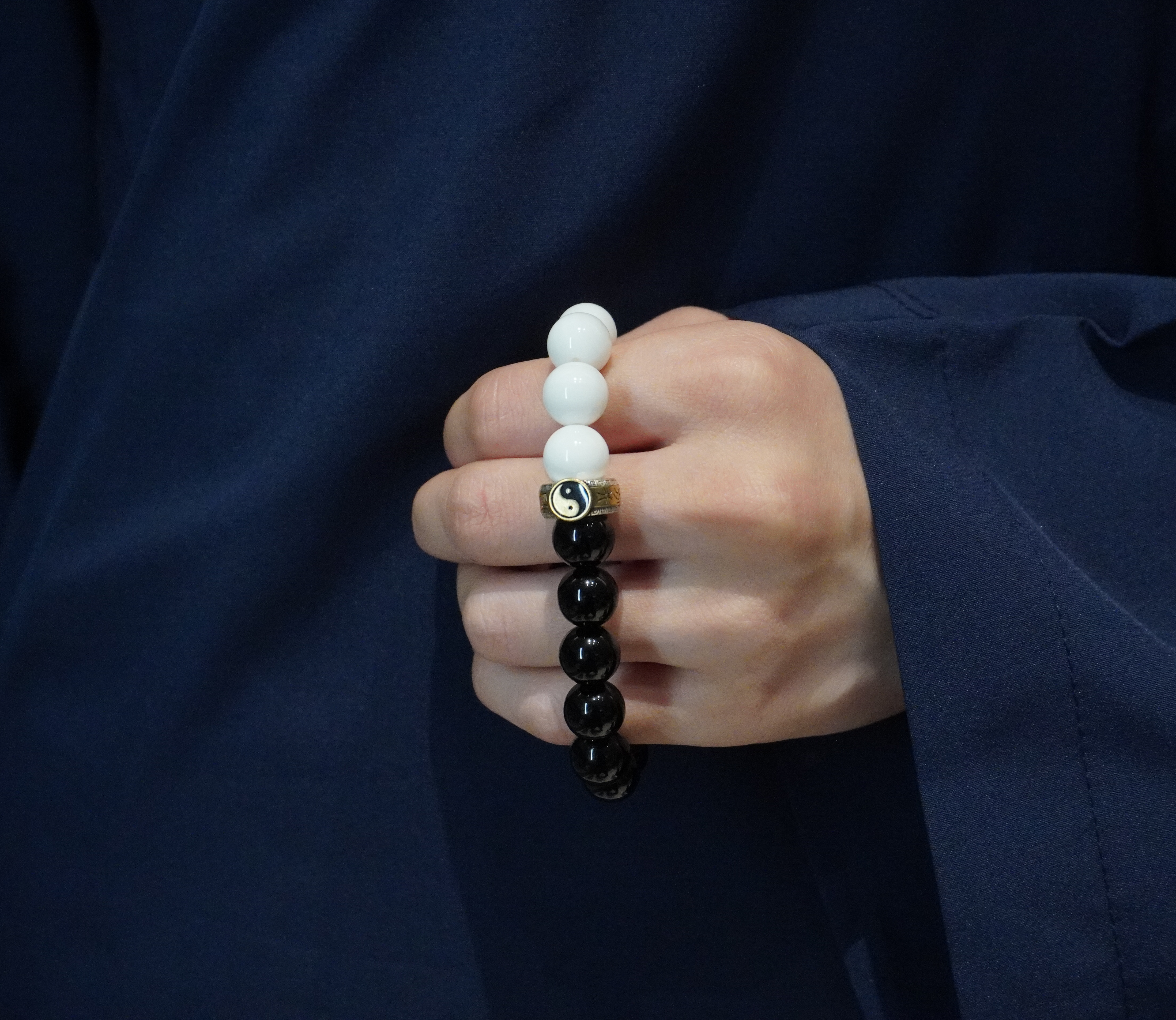 Natural Obsidian and White Mother-of-Pearl Yin-Yang Bagua Bracelet, Sterling Silver Nine-Character Mantra Pendant, Energy Talisman for Peace & Protection