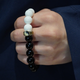 Natural Obsidian and White Mother-of-Pearl Yin-Yang Bagua Bracelet, Sterling Silver Nine-Character Mantra Pendant, Energy Talisman for Peace & Protection