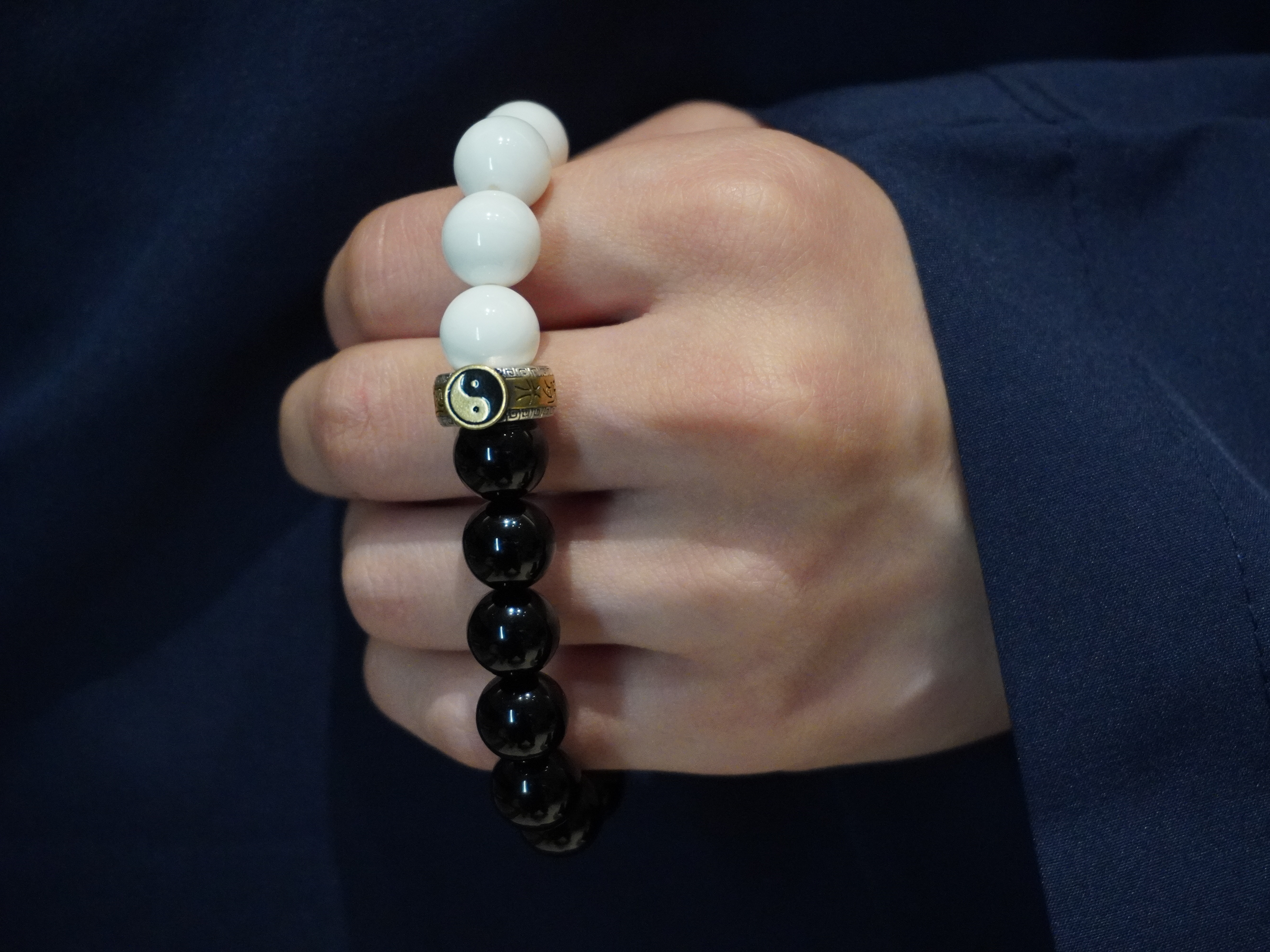 Natural Obsidian and White Mother-of-Pearl Yin-Yang Bagua Bracelet, Sterling Silver Nine-Character Mantra Pendant, Energy Talisman for Peace & Protection