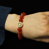 Natural Red Agate, Black Obsidian & Sterling Silver Tai Chi Bagua Talisman Bracelet