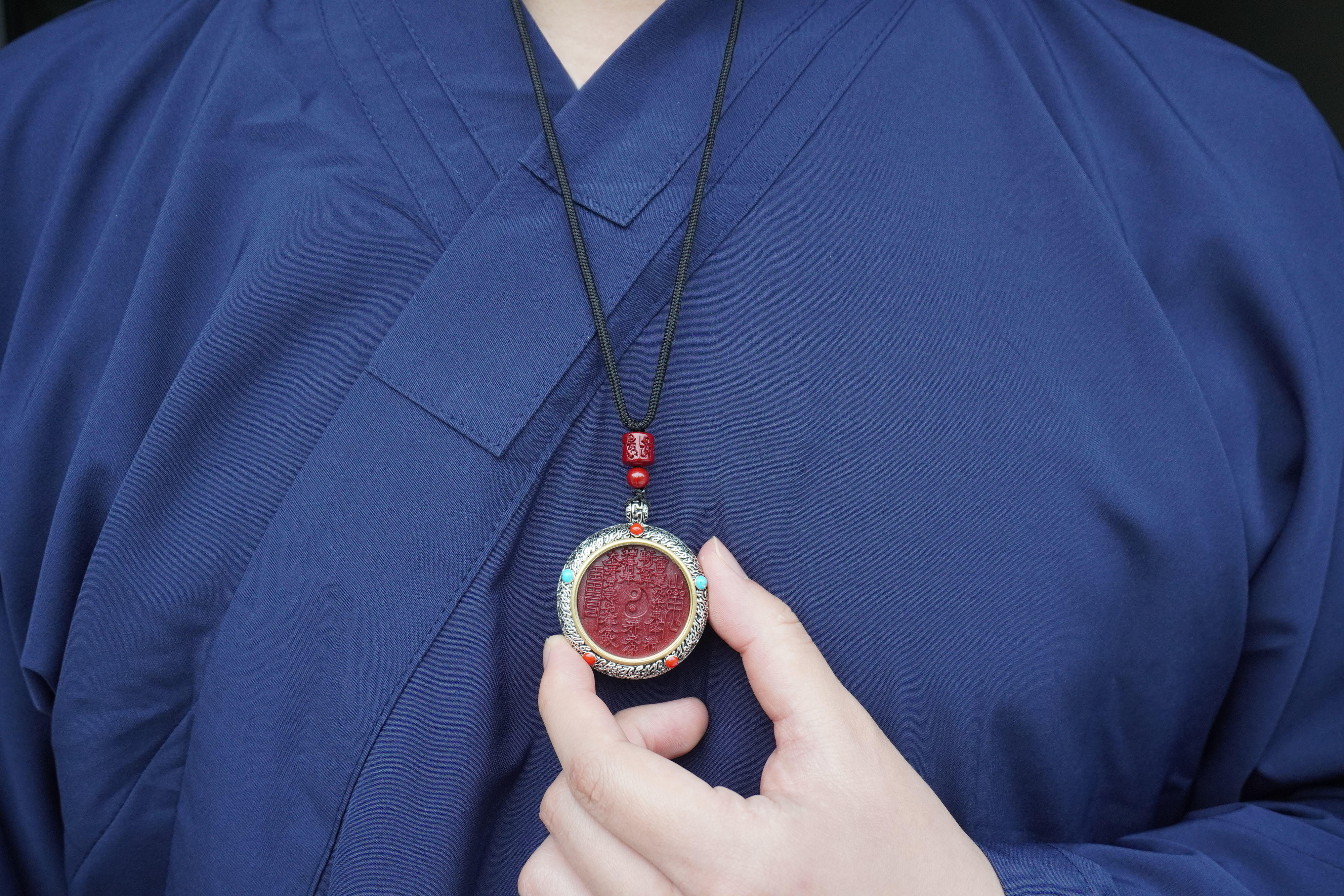 Vermilion Shangui Taoist Protection Coin Tai Chi Bagua Talisman Pendant Necklace, with Taoist Temple Blessing Certificate, Wealth & Protection Energy Charm