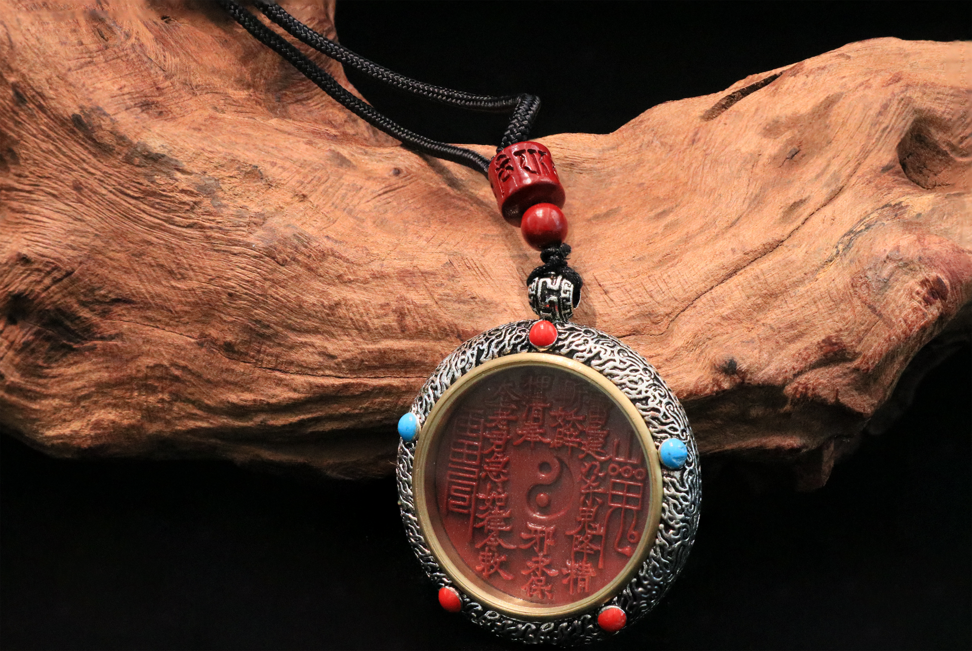 Vermilion Shangui Taoist Protection Coin Tai Chi Bagua Talisman Pendant Necklace