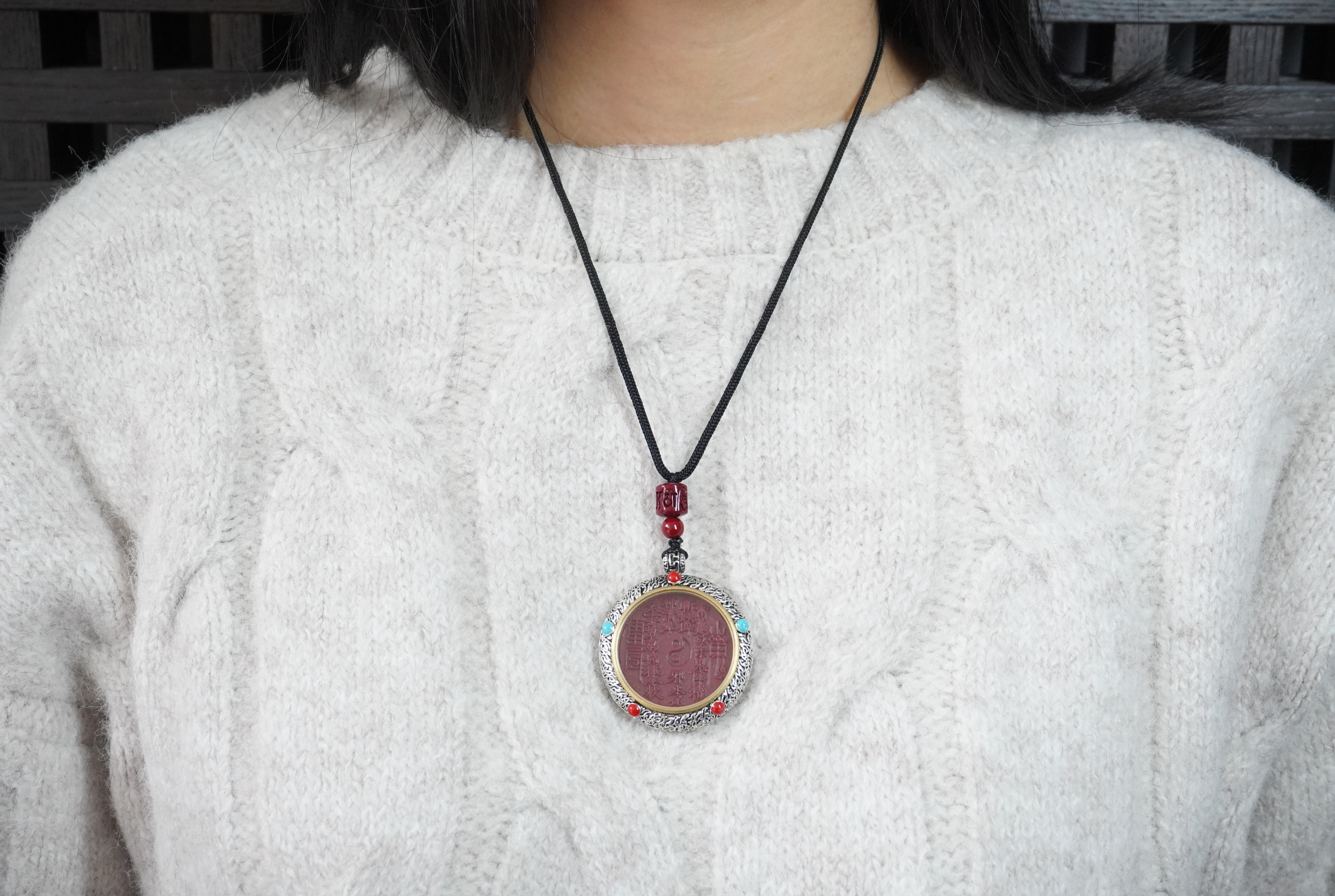 Vermilion Shangui Taoist Protection Coin Tai Chi Bagua Talisman Pendant Necklace, with Taoist Temple Blessing Certificate, Wealth & Protection Energy Charm