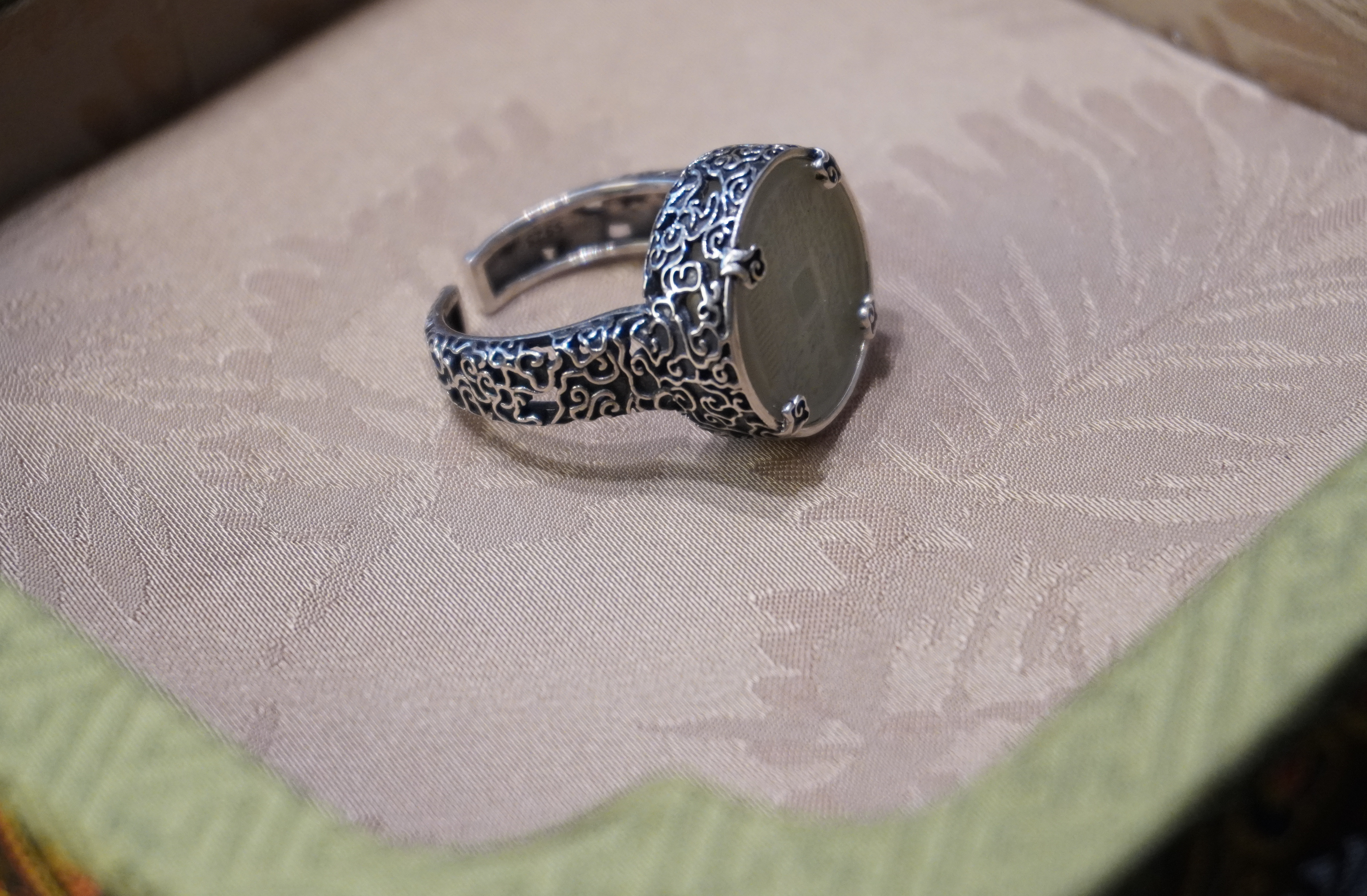 Shangui Auspicious Clouds Vintage Sterling Silver Ring, Hetian Jade Tai Chi Amulet, Protection, Wealth and Luck Enhancer, Feng Shui Energy Charm