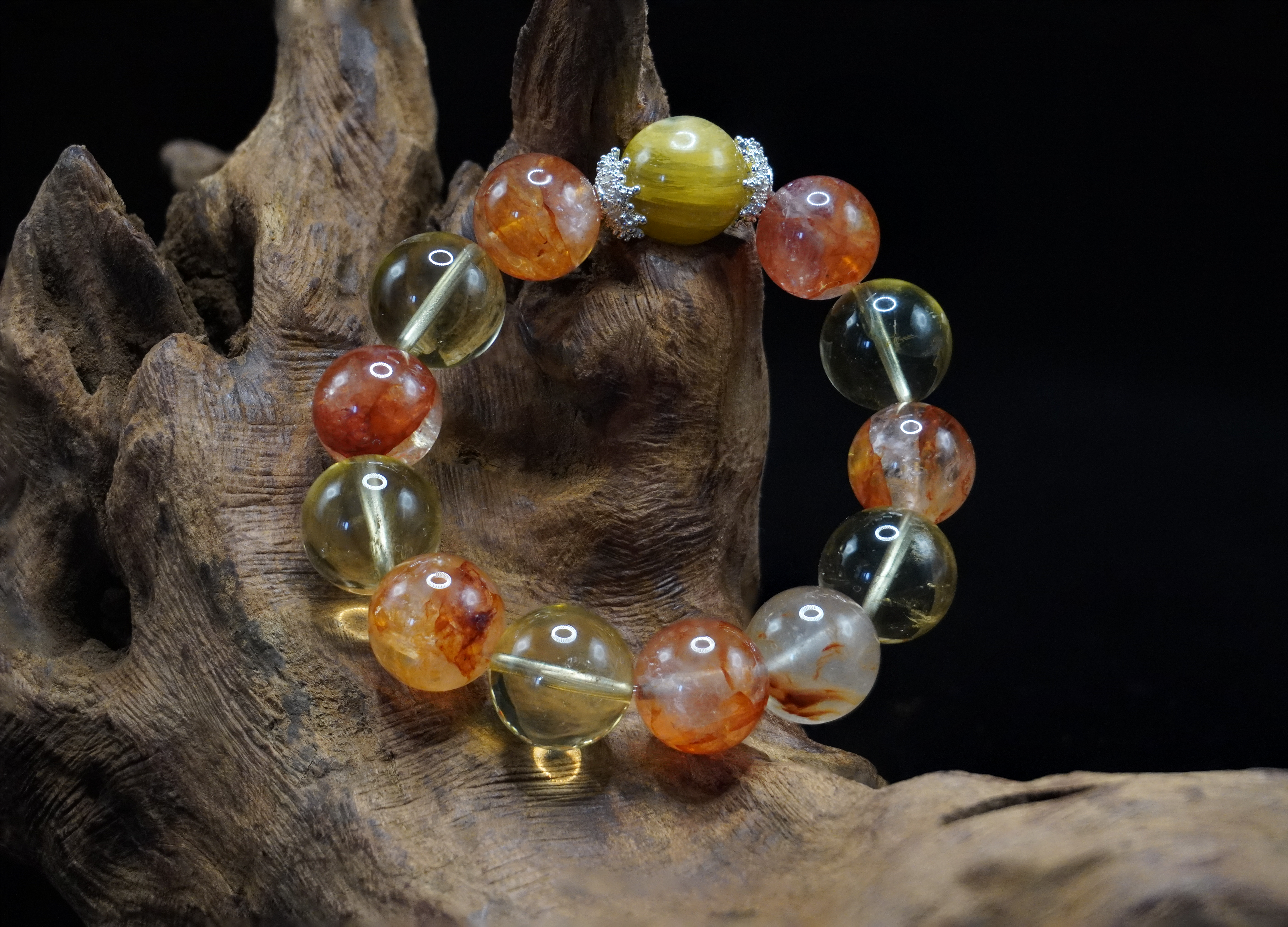"Golden Dawn" Handmade Bracelet ¨C Rutilated Quartz, Red Hematoid Quartz, Citrine & Golden Lepidolite Jewelry for Passion, Prosperity & Inner Peace