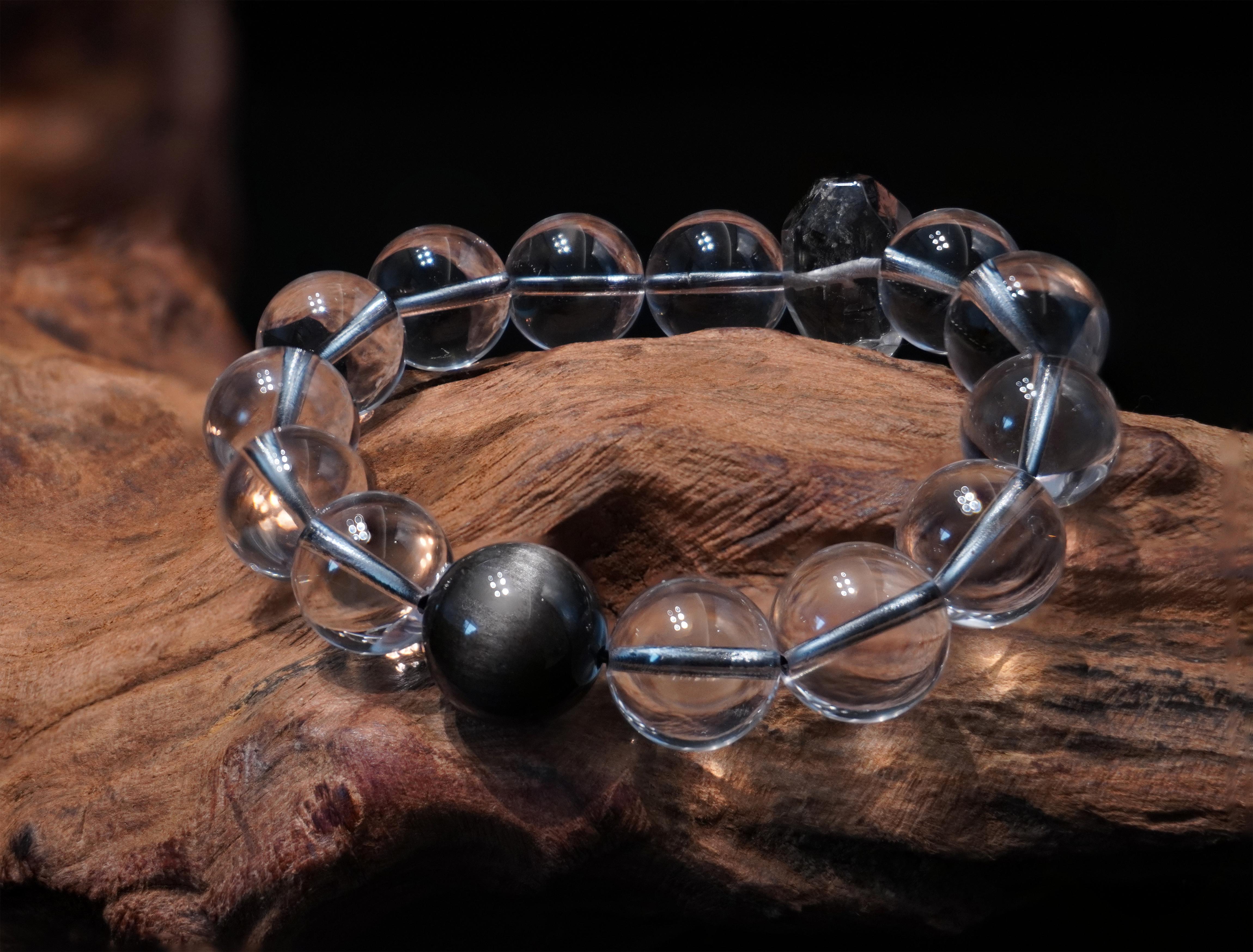 "Guardian Clarity" Handmade Silver Obsidian Bracelet ¨C Clear Quartz & Tourmalated Quartz for Protection, Emotional Clarity & Energy Balance