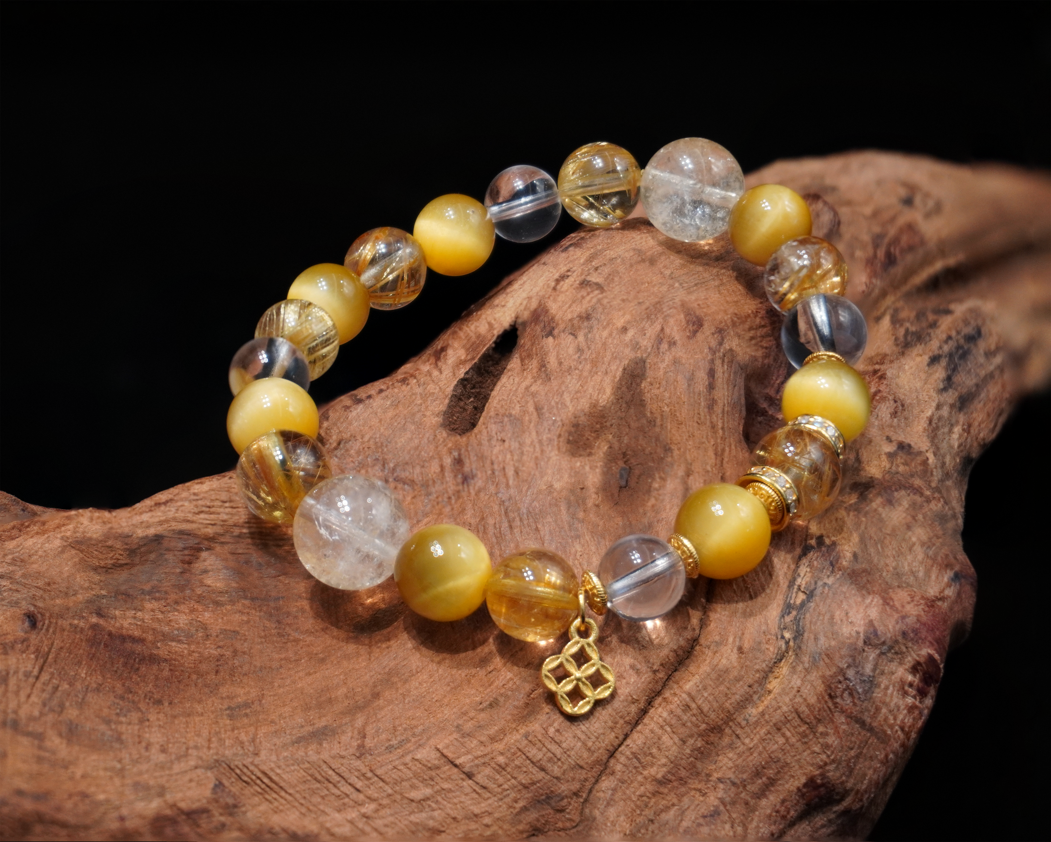 "Golden Aura" Handmade Bracelet ¨C Rutilated Quartz, Clear Quartz, Azeztulite & Tiger's Eye for Prosperity, Spiritual Awakening & Positive Energy