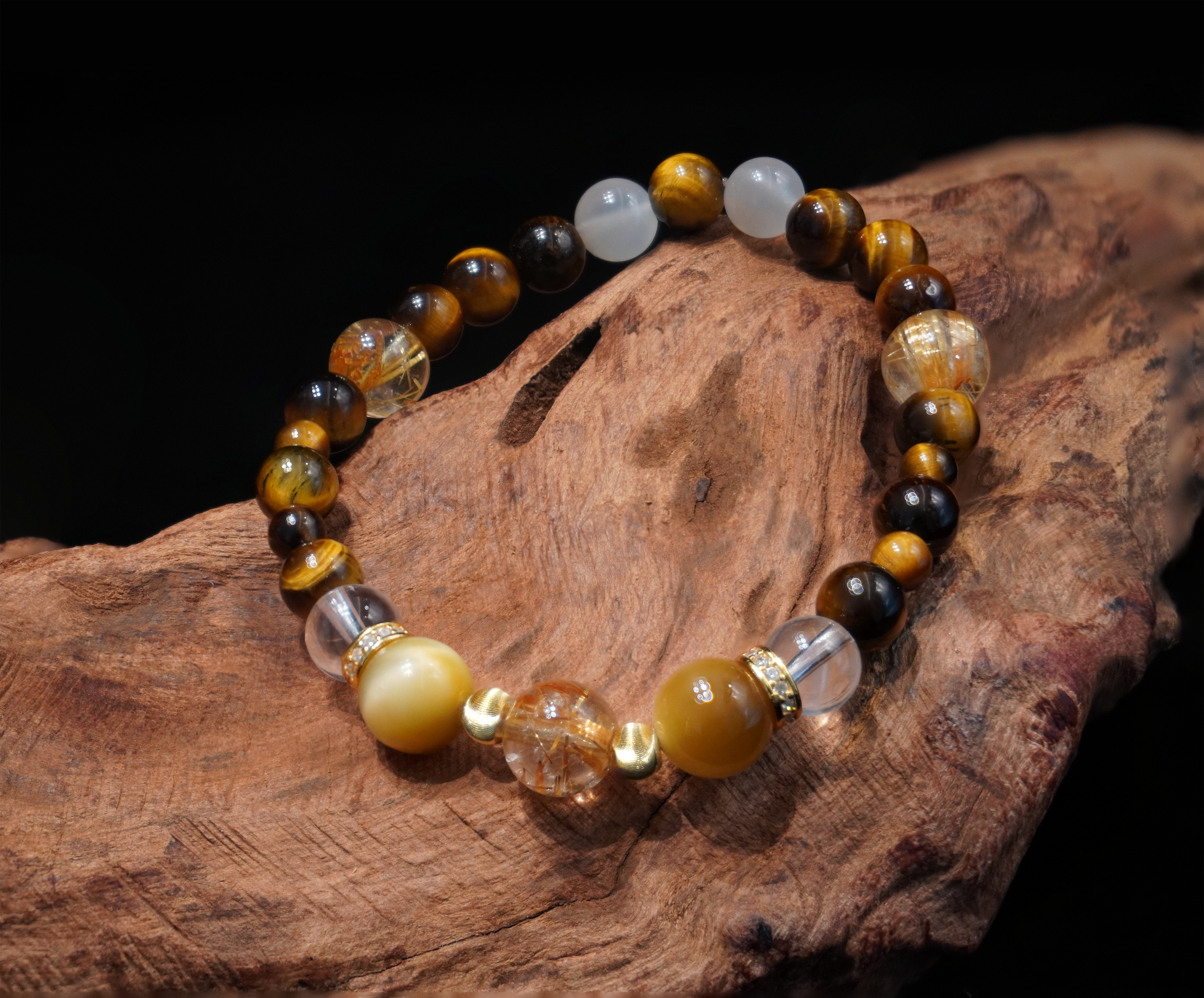 Golden Radiance Handmade Bracelet ¨C Tiger's Eye, Rutilated Quartz, Moonstone & Clear Quartz Jewelry for Boldness, Inner Strength & Clarity