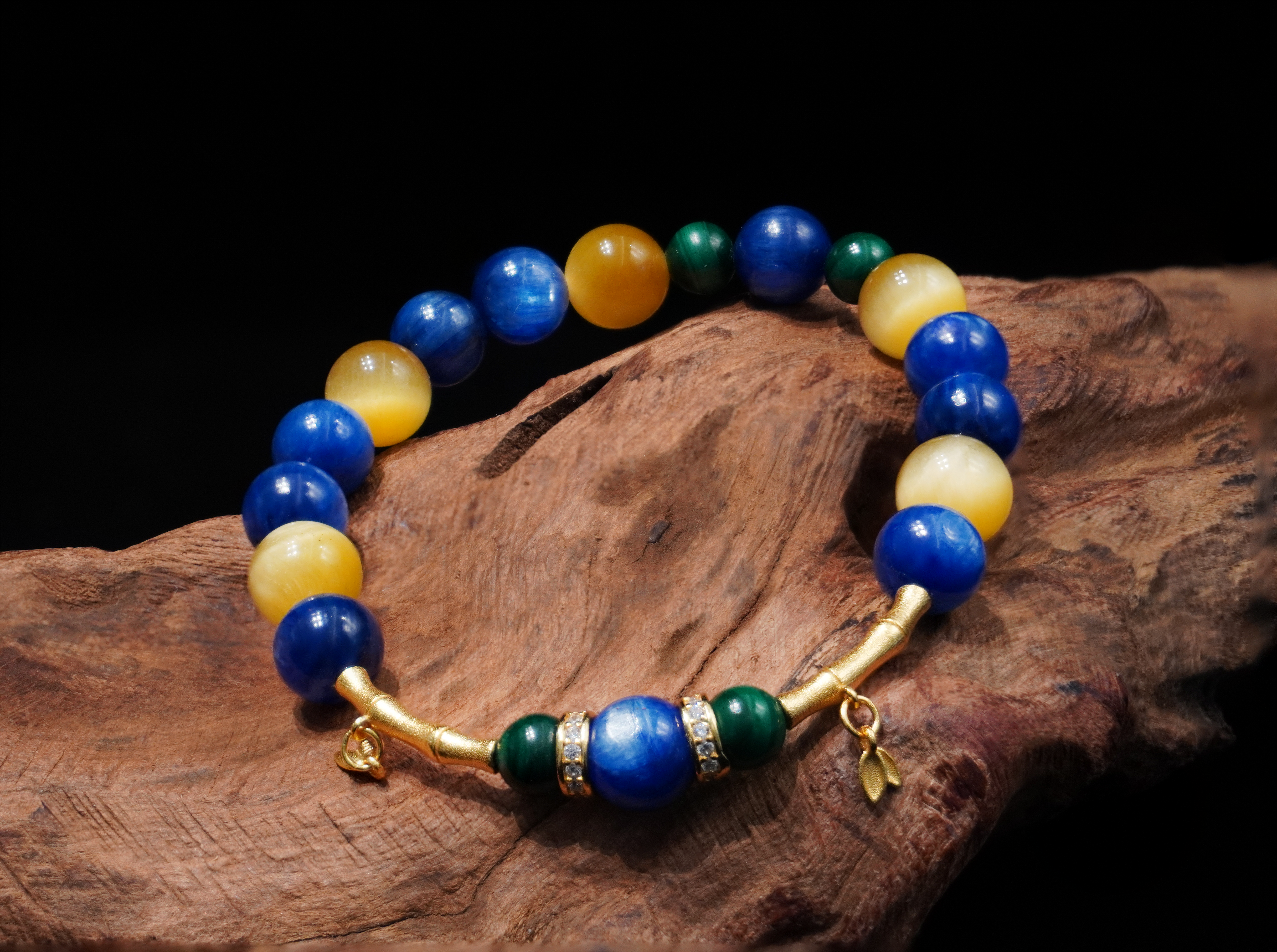 Golden Horizon Handmade Bracelet ¨C Kyanite, Yellow Tiger's Eye & Malachite Jewelry for Wisdom, Passion & Positive Energy