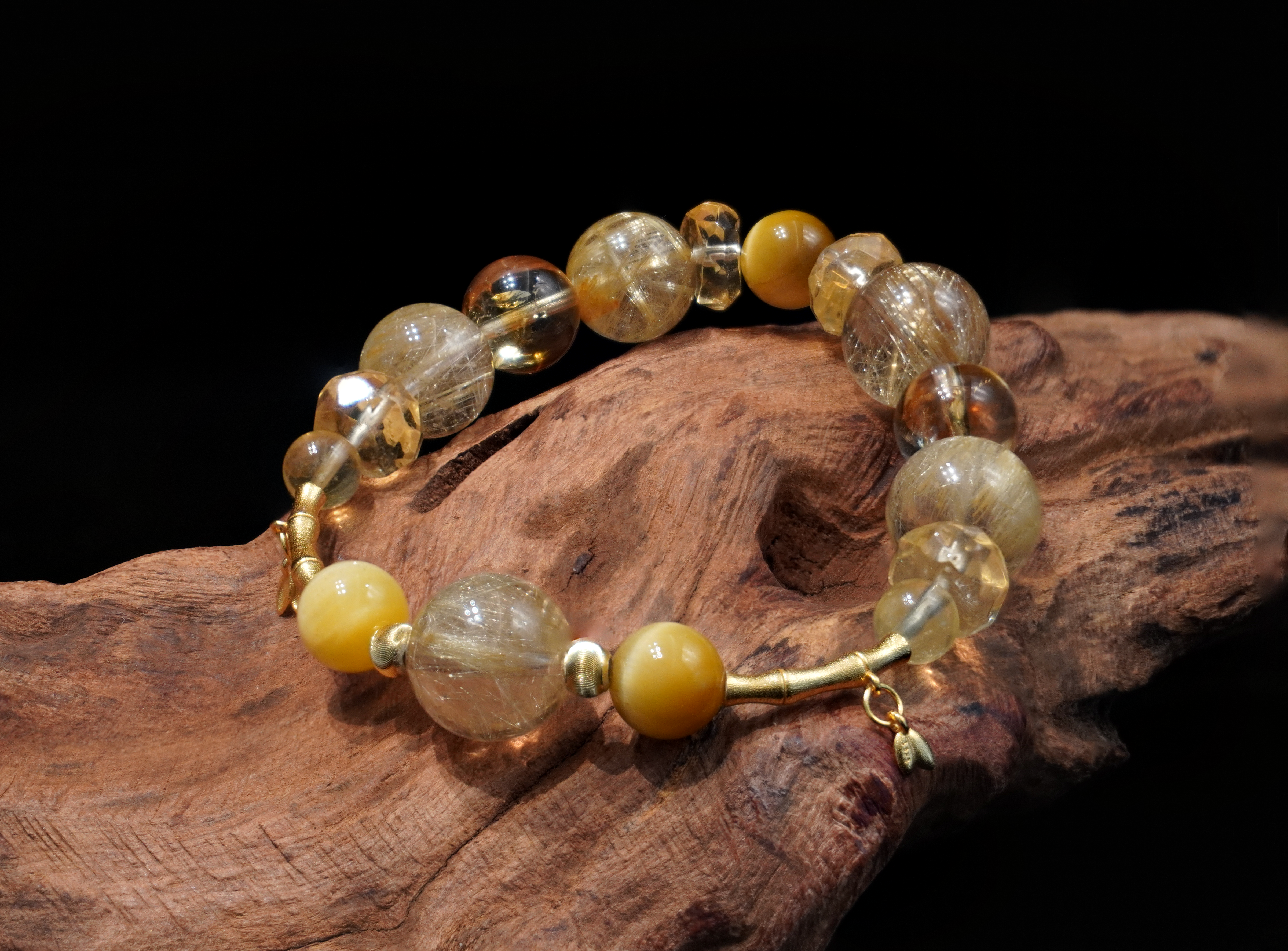 Golden Bamboo Handmade Bracelet ¨C Rutilated Quartz, Clear Quartz, Citrine & Tiger's Eye Jewelry for Prosperity, Clarity & Resilient Strength