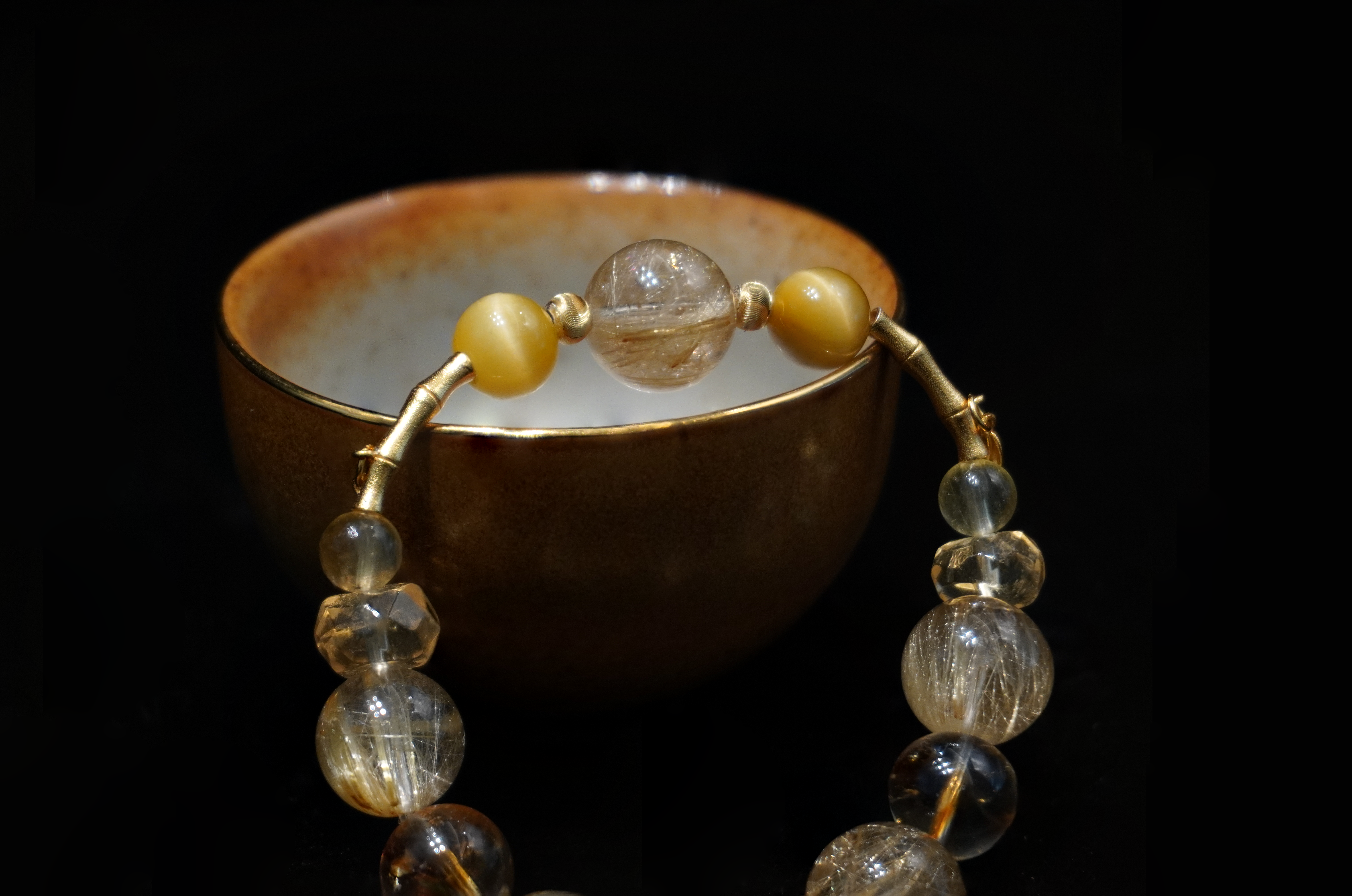 Golden Bamboo Handmade Bracelet ¨C Rutilated Quartz, Clear Quartz, Citrine & Tiger's Eye Jewelry for Prosperity, Clarity & Resilient Strength
