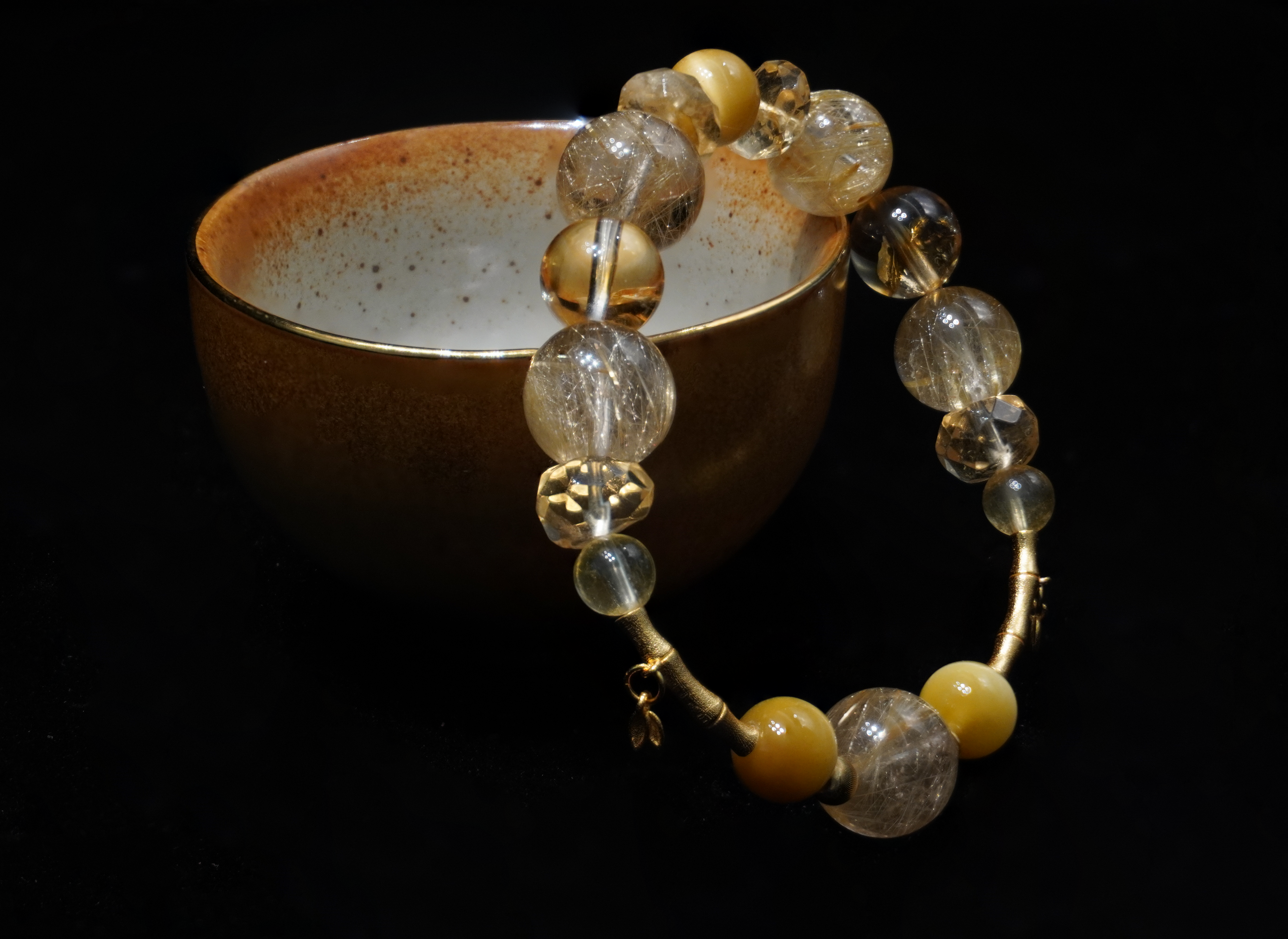 Golden Bamboo Handmade Bracelet ¨C Rutilated Quartz, Clear Quartz, Citrine & Tiger's Eye Jewelry for Prosperity, Clarity & Resilient Strength