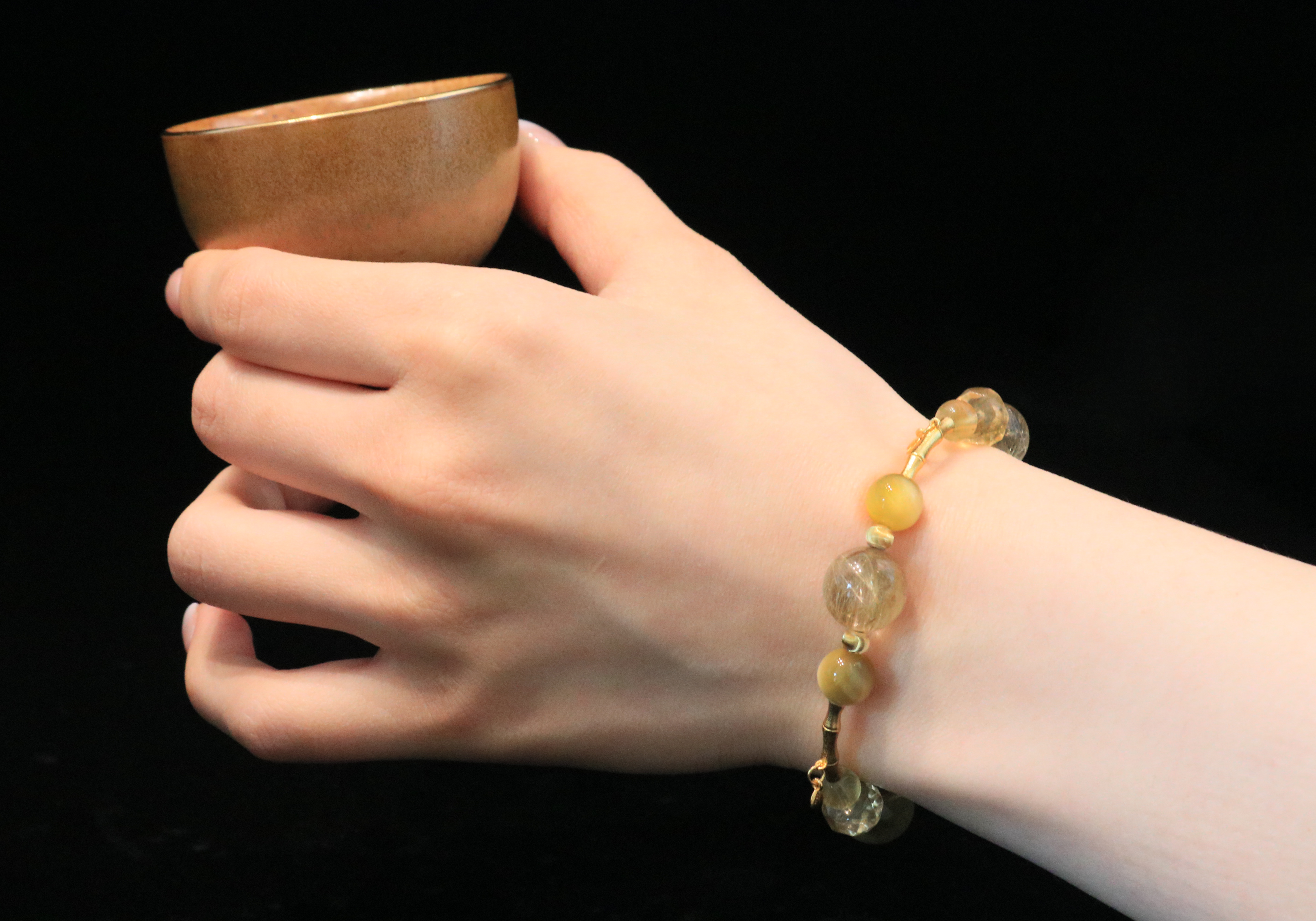 Golden Bamboo Handmade Bracelet ¨C Rutilated Quartz, Clear Quartz, Citrine & Tiger's Eye Jewelry for Prosperity, Clarity & Resilient Strength