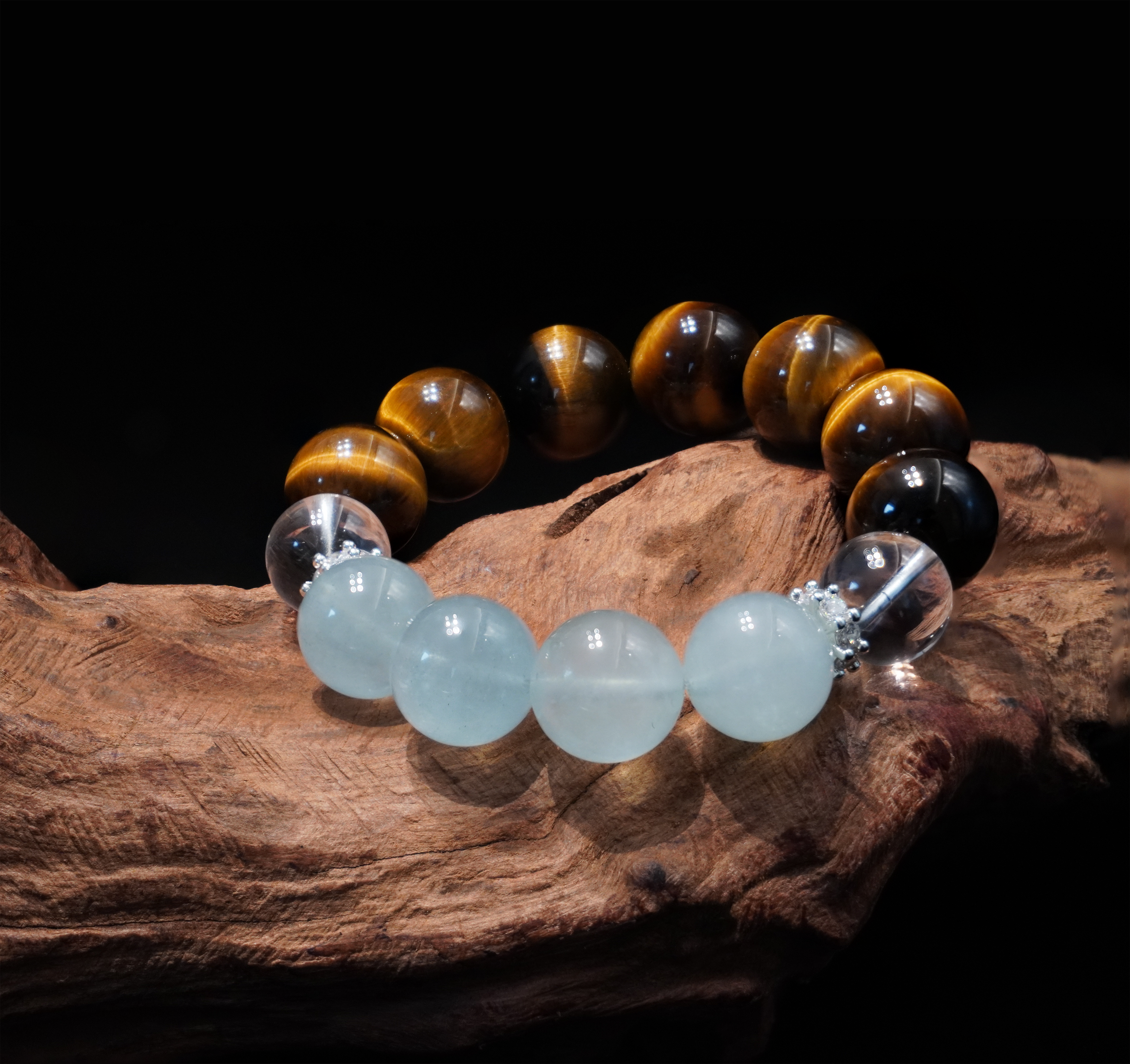 Ocean's Gaze Handmade Bracelet ¨C Tiger's Eye, Aquamarine & Clear Quartz Jewelry for Inner Peace, Confidence & Clarity