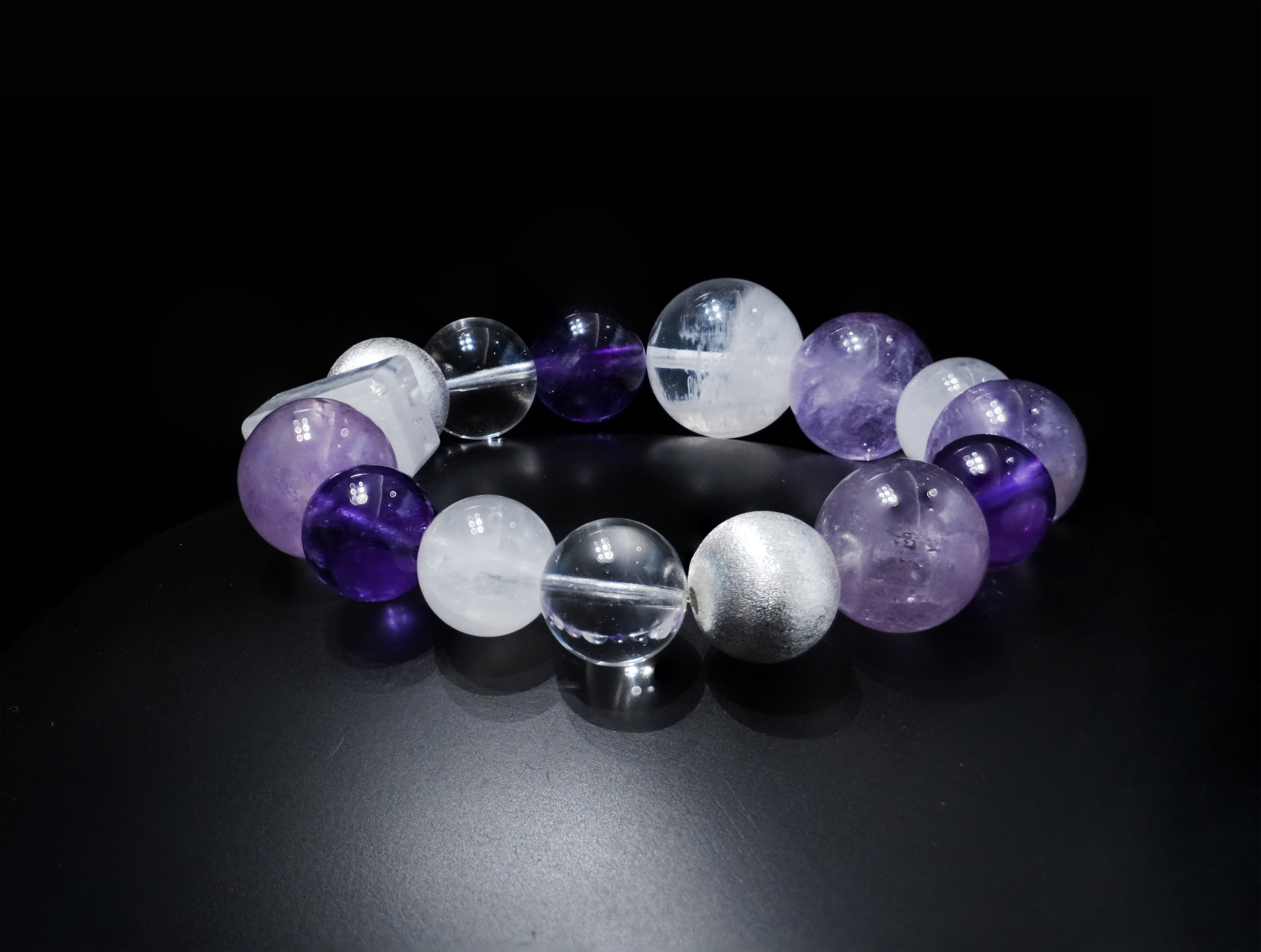 Mystic Harmony Handmade Bracelet ¨C Amethyst, Clear Quartz, Lepidolite, White Phantom Quartz & Pure Silver Jewelry for Inner Peace & Clarity