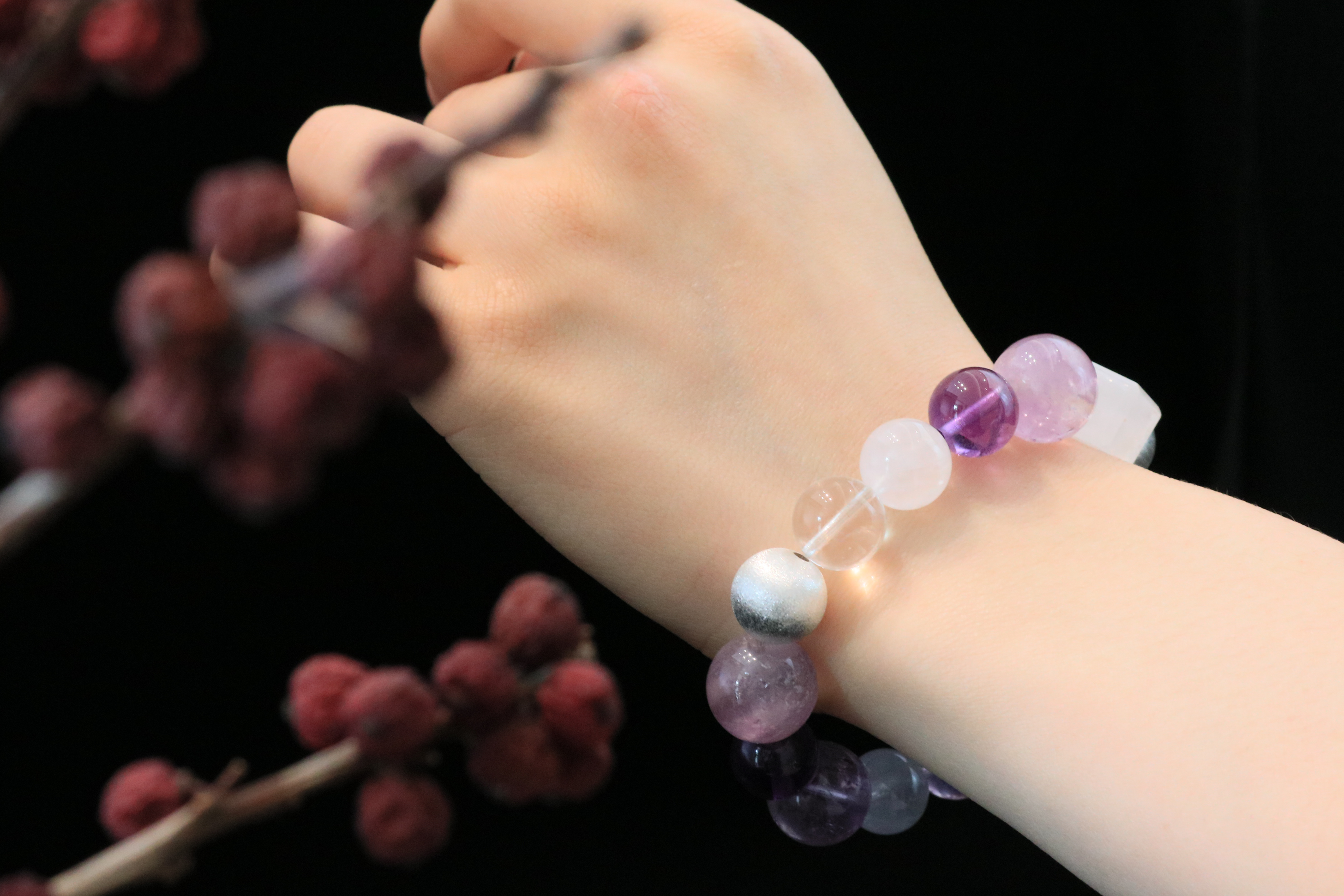 Mystic Harmony Handmade Bracelet ¨C Amethyst, Clear Quartz, Lepidolite, White Phantom Quartz & Pure Silver Jewelry for Inner Peace & Clarity
