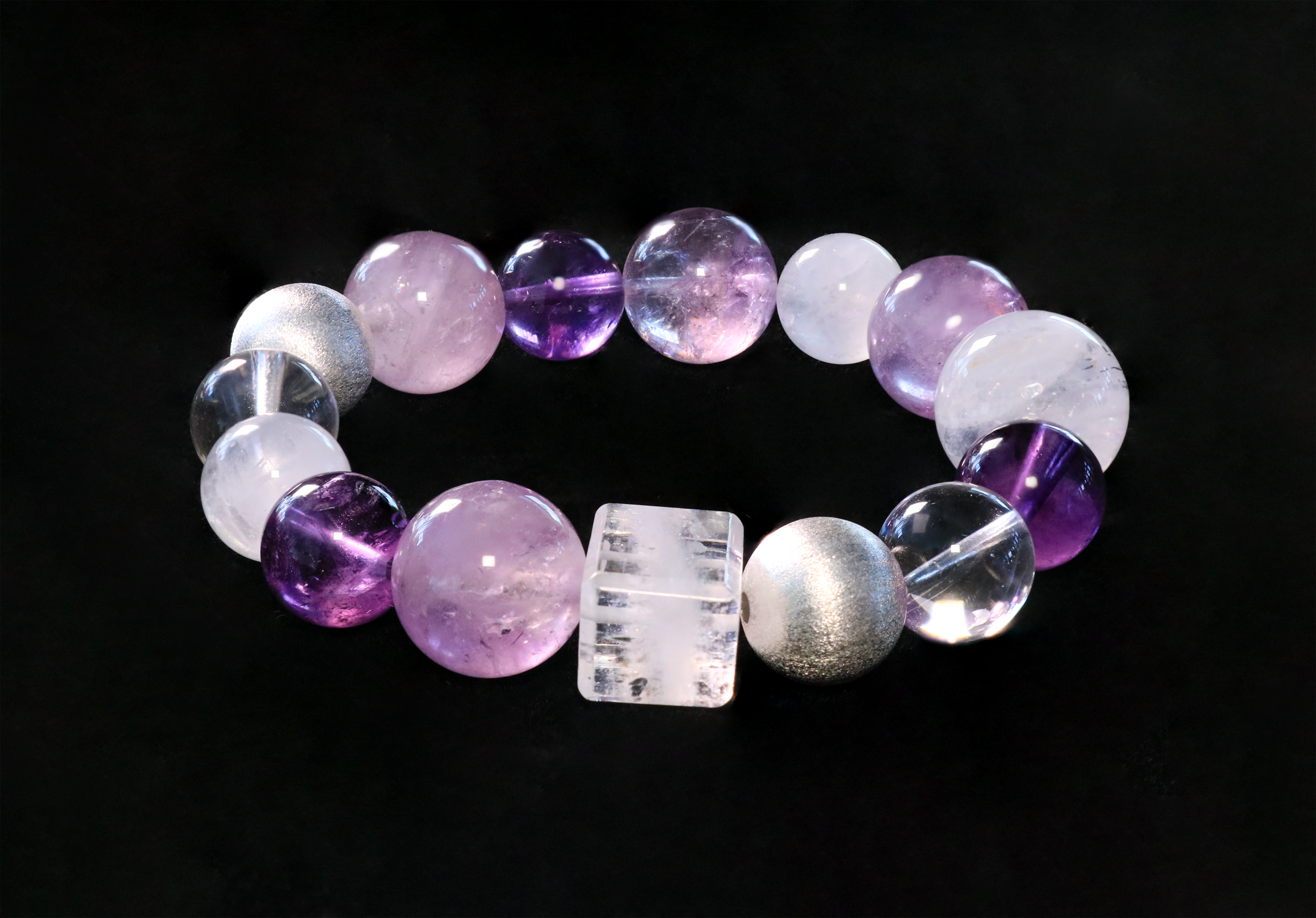 Mystic Harmony Handmade Bracelet ¨C Amethyst, Clear Quartz, Lepidolite, White Phantom Quartz & Pure Silver Jewelry for Inner Peace & Clarity