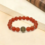 Natural Red Agate, Black Obsidian & Sterling Silver Tai Chi Bagua Talisman Bracelet