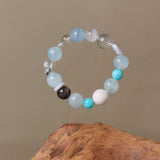 Clarity & Communication Crystal Bracelet - Amazonite, Snowflake Quartz, Clear Quartz, Silver Obsidian & Aquamarine
