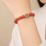Natural Red Agate, Black Obsidian & Sterling Silver Tai Chi Bagua Talisman Bracelet