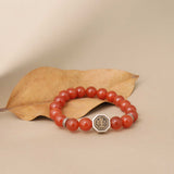 Natural Red Agate, Black Obsidian & Sterling Silver Tai Chi Bagua Talisman Bracelet