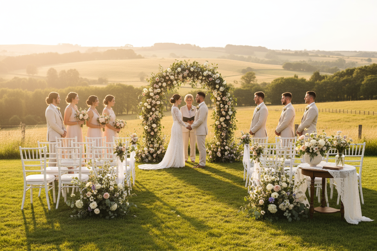 A romantic countryside wedding is taking place.